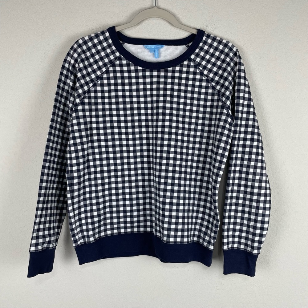 Draper James White Navy Blue Gingham Natalie Long Sleeve Sweatshirt Size Small